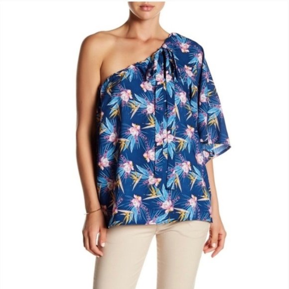 Ro & De Tops - RO & DE Blue Pink Floral One Shoulder Blouse Large